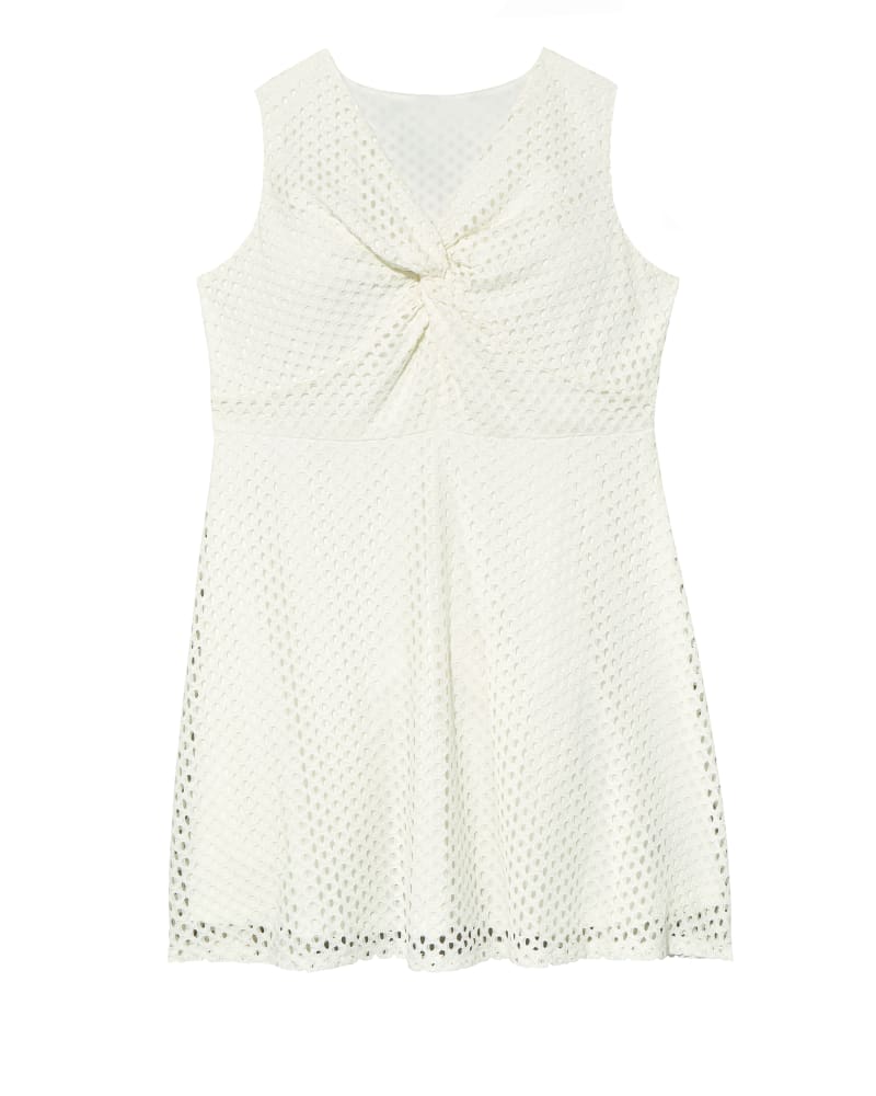 Front of plus size Charlotte Sleeveless V-Neck Eyelet Fit and Flare Dress with Knot by Molly&Isadora | Dia&Co | dia_product_style_image_id:119068